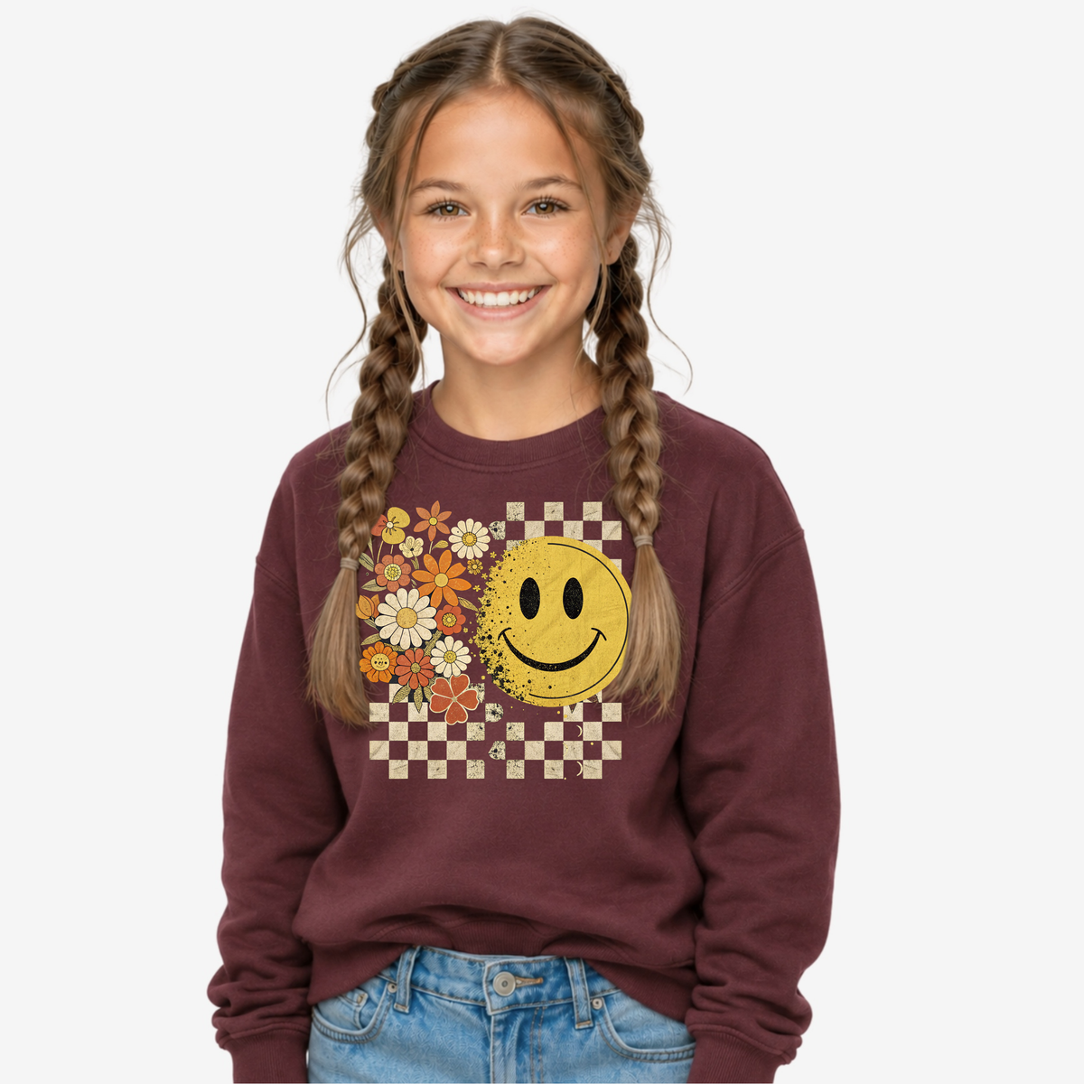 Youth maroon sweatshirt with floral smiley face and checkerboard graphic