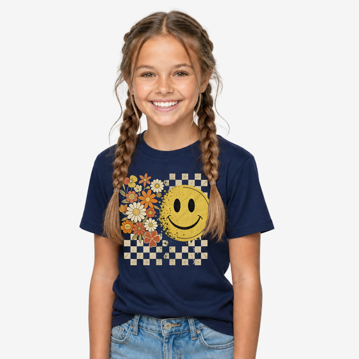 Youth navy T-shirt with retro floral smiley face and checkerboard graphic