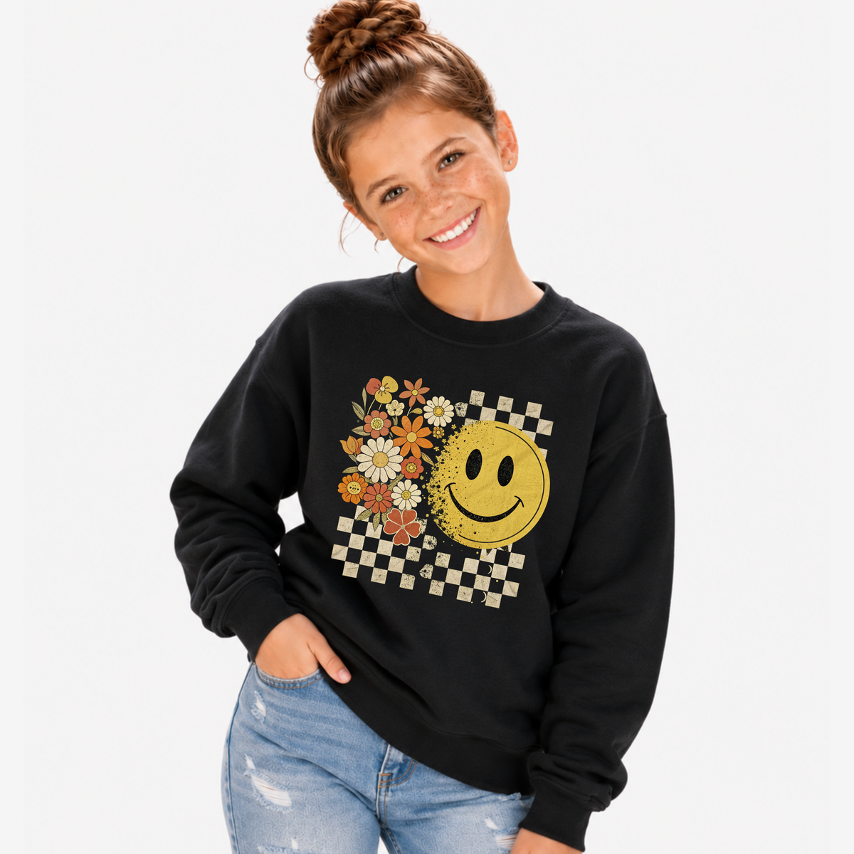 Youth black sweatshirt with floral smiley face and checkerboard graphic