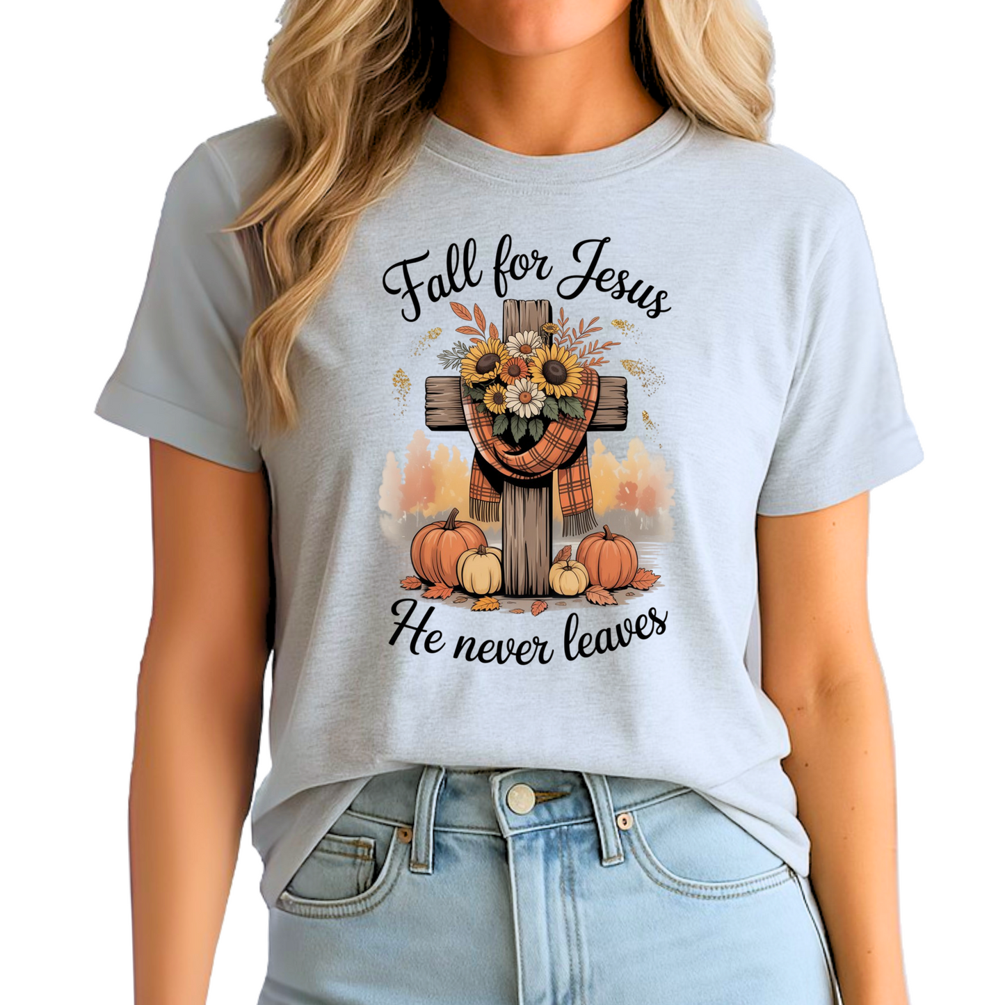 Christian Fall Shirt – “Fall for Jesus, He Never Leaves” – Faith Graphic Tee