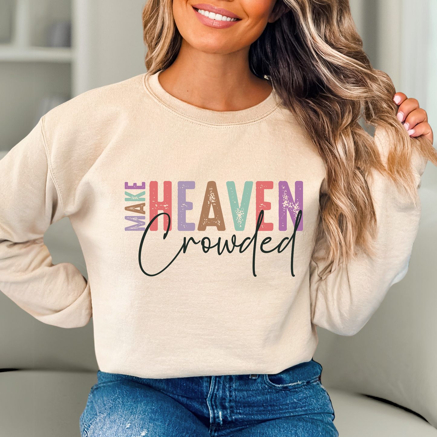 Woman Wearing Sand color Make Heaven Crowded sweatshirt with jeans