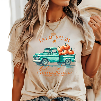 Sand tee with watercolor pumpkin truck design for women


