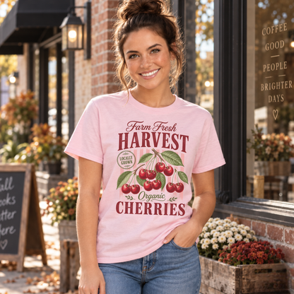 Woman in a light pink Farm Fresh Harvest Organic Cherries T-shirt outside a coffee shop with flower planters.