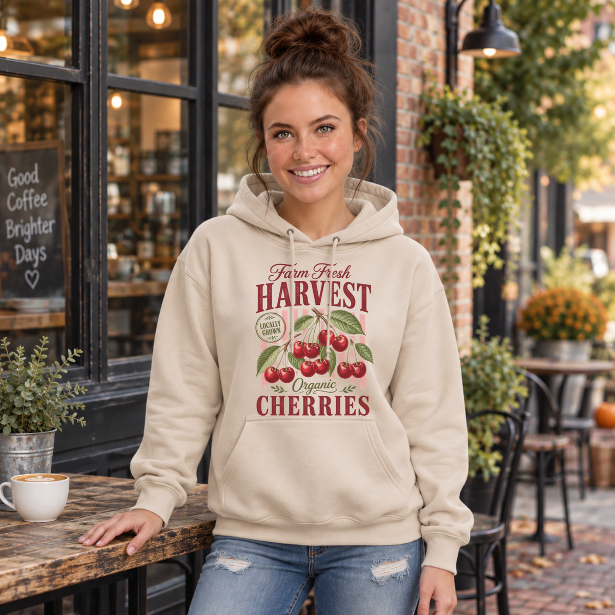 Woman in a sand Farm Fresh Harvest Organic Cherries hoodie leaning by a coffee shop table.