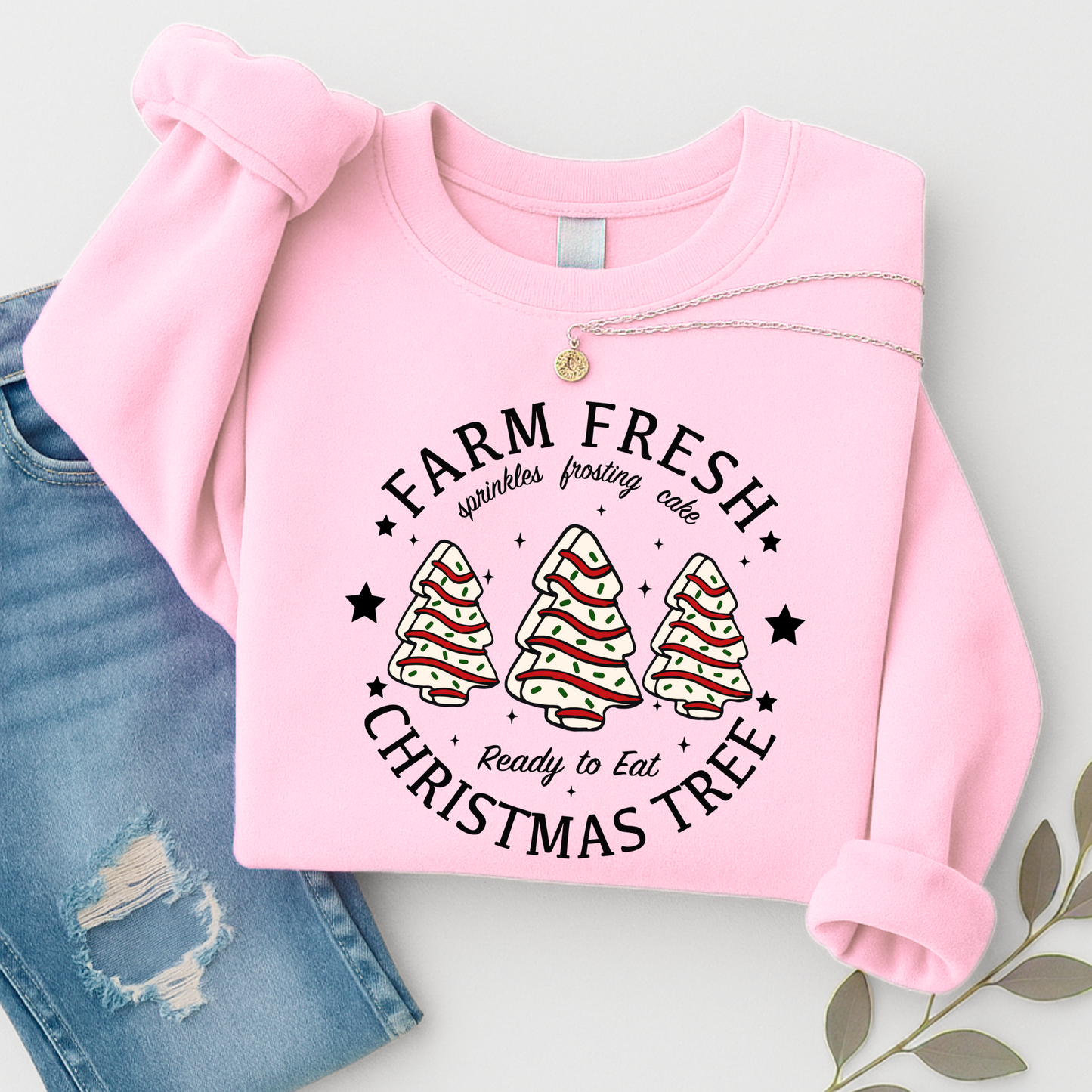 Pink sweatshirt with farmhouse holiday tree design