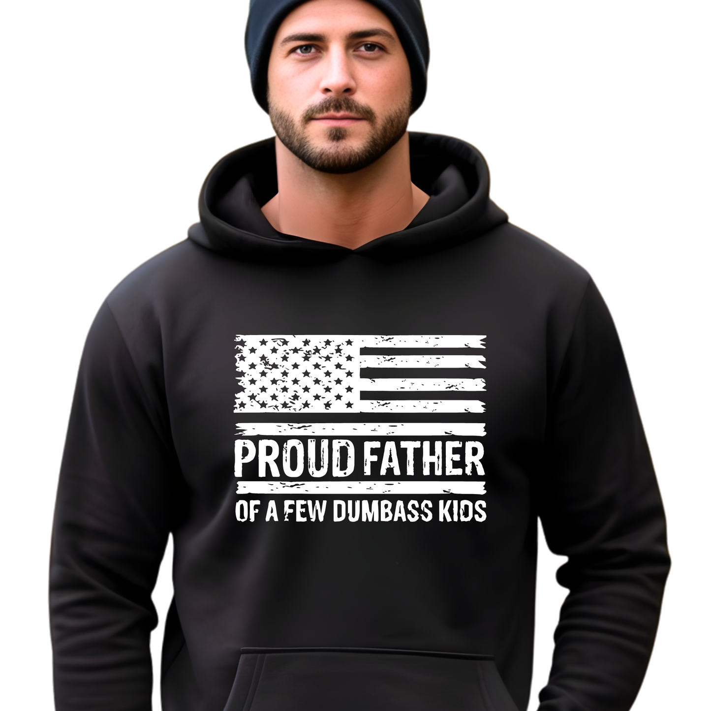 Men’s Black hoodie with front pouch pocket and distressed American flag dad graphic