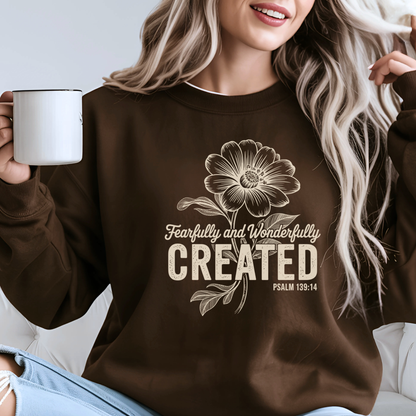 Christian woman wearing a brown inspirational sweatshirt with floral faith design