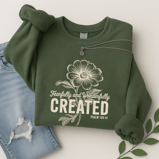 green floral sweatshirt with “Fearfully and Wonderfully Created” quote