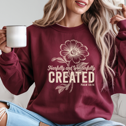 Maroon Christian maroon floral sweatshirt with uplifting message Psalm 139:14