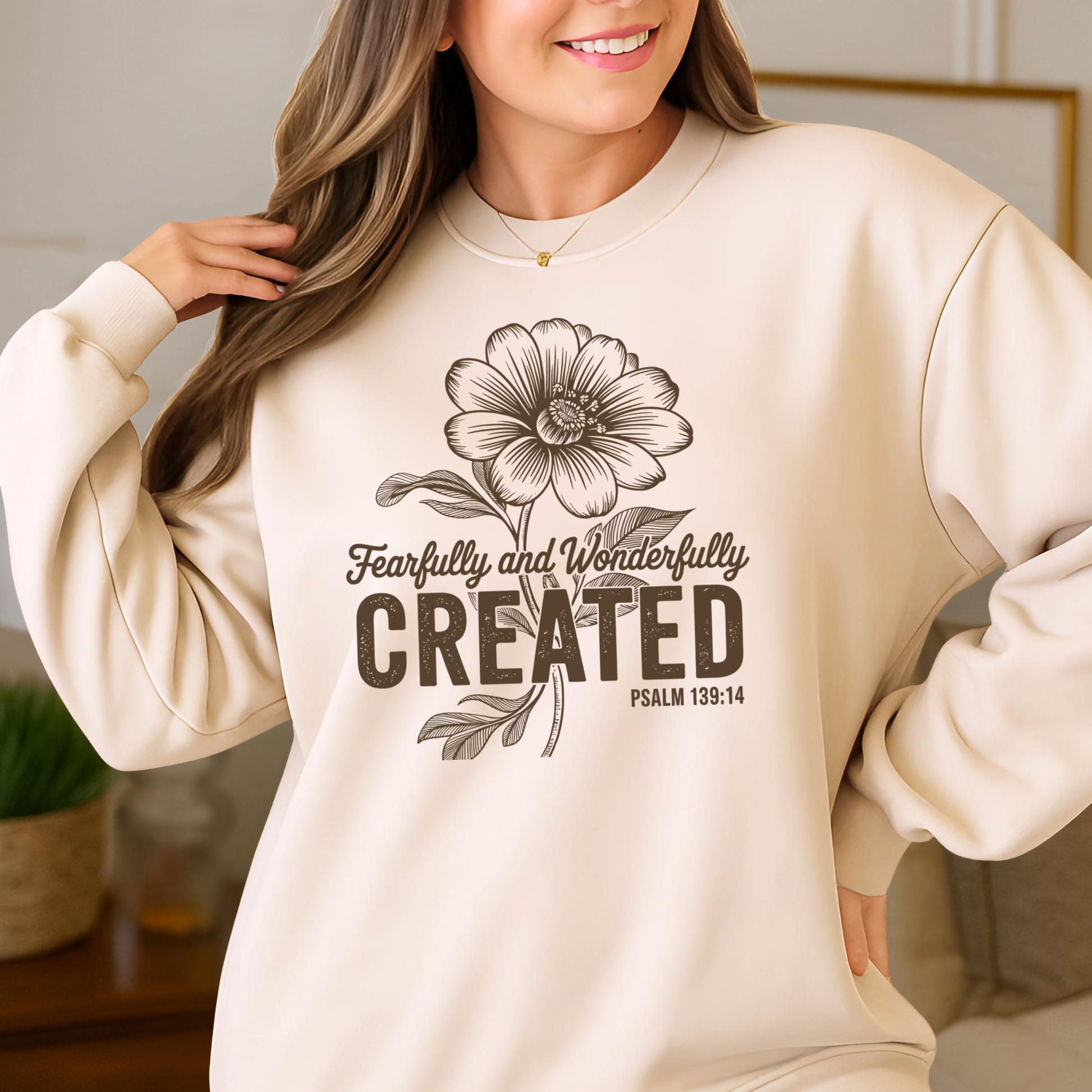 neutral sand floral sweatshirt with encouraging design