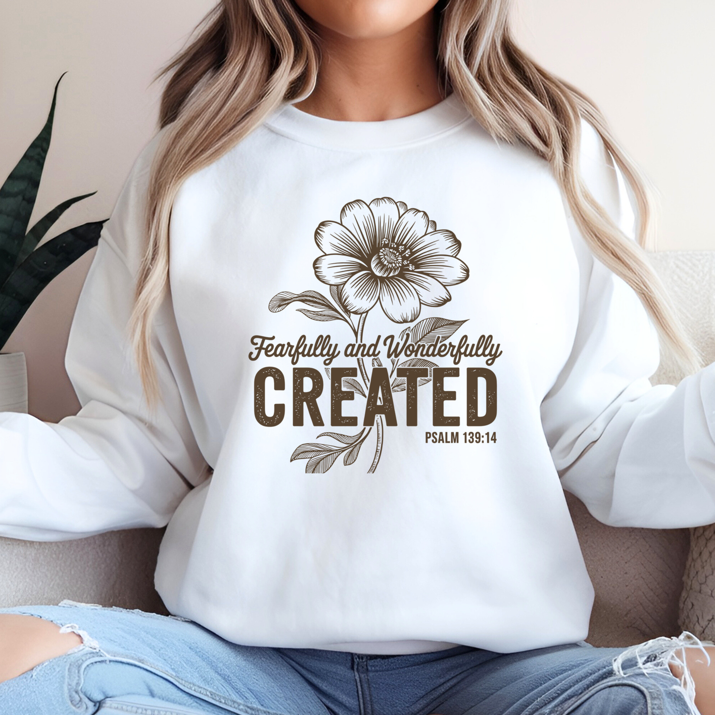 white cozy sweatshirt featuring positive floral quote