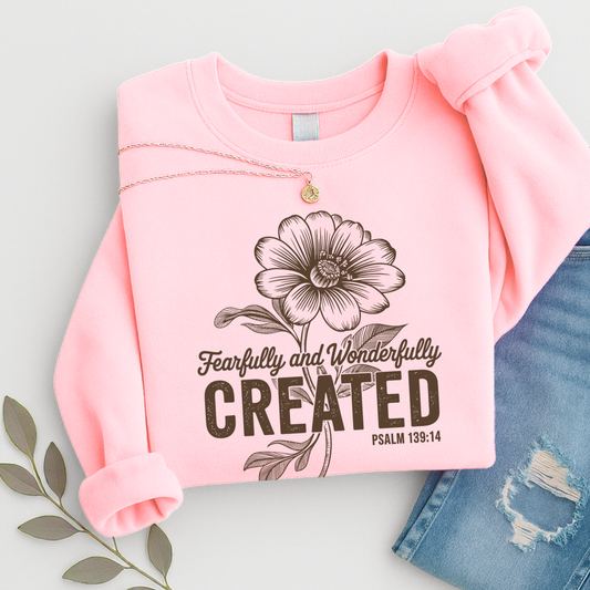 pink Christian floral sweatshirt folded with necklace and jeans