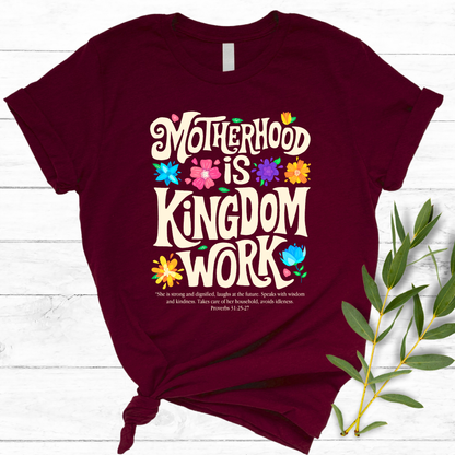 Flat lay maroon t-shirt with Christian motherhood quote