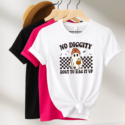 Flat lay of three graphic T-shirts in white, pink, and black featuring a fun ghost Halloween design. Available in adult and youth sizes.

