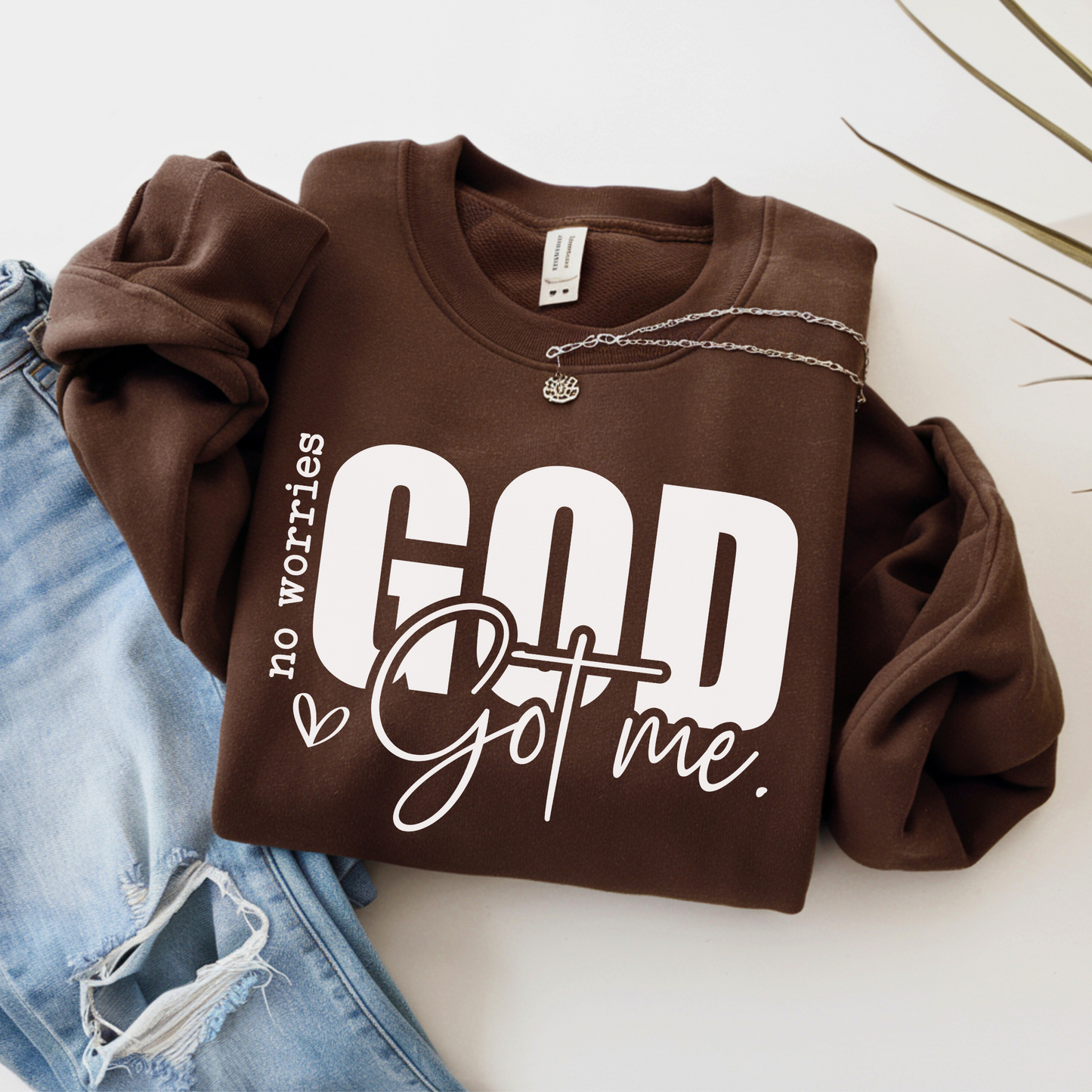 Christian crewneck sweatshirt in brown with God Got Me design – faith apparel