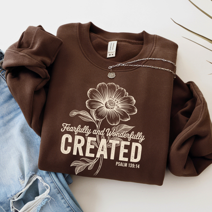 flat-lay of brown sweatshirt with faith-inspired floral artwork