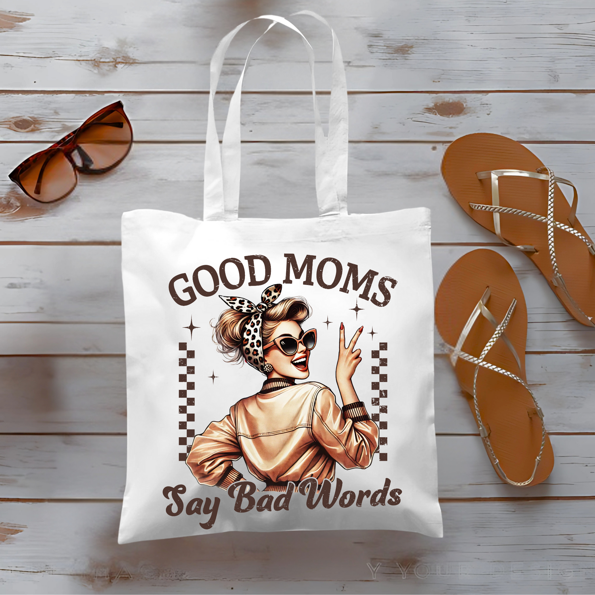 Flatlay with sunglasses and sandals – stylish snarky mom tote