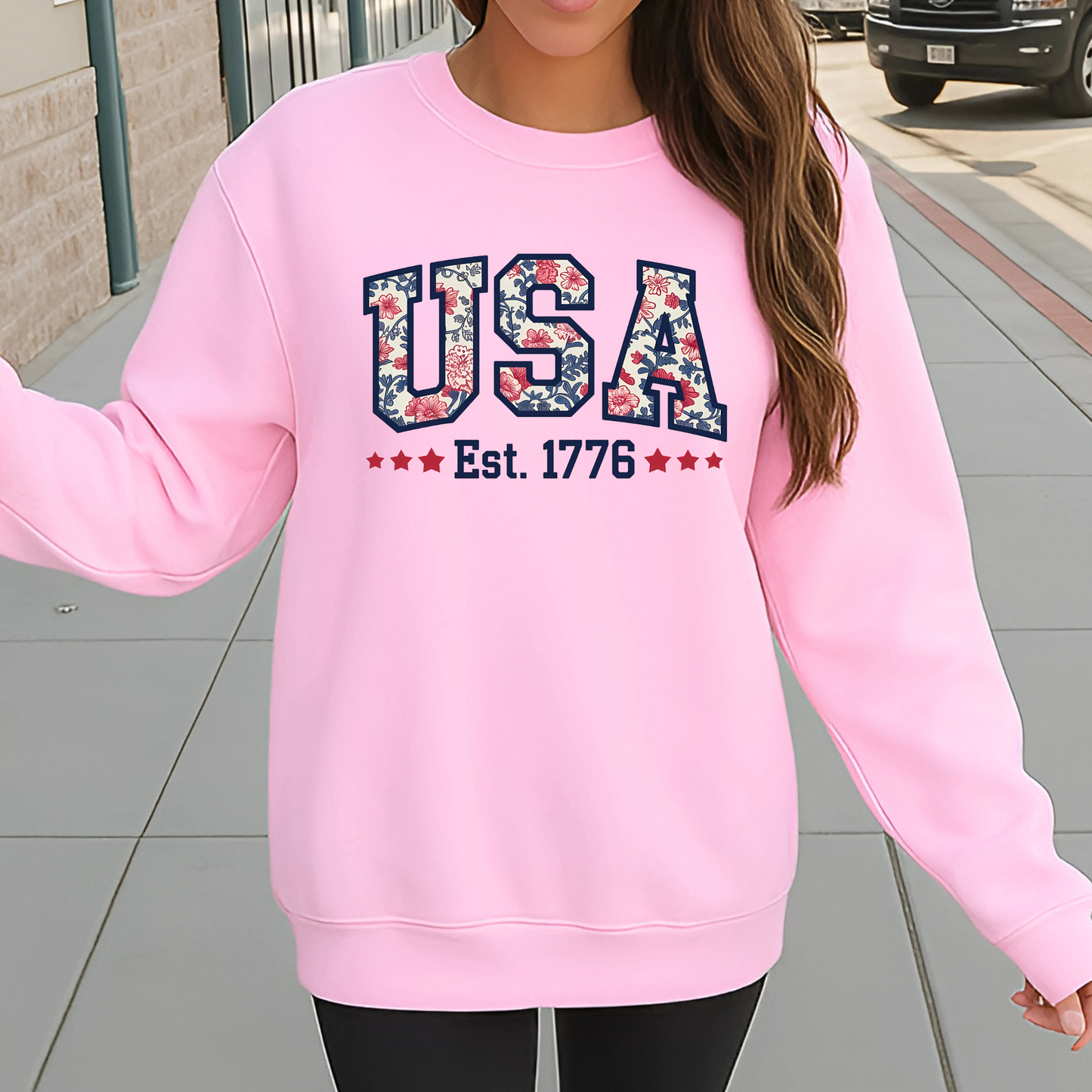 pink floral USA sweatshirt – feminine patriotic fashion for women.
