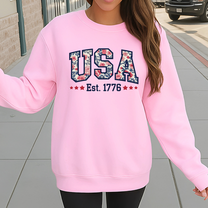 pink floral USA sweatshirt – feminine patriotic fashion for women.
