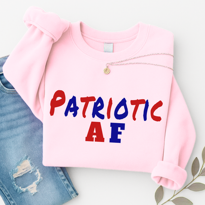 Folded Black patriotic AF sweatshirt flat lay with accessories