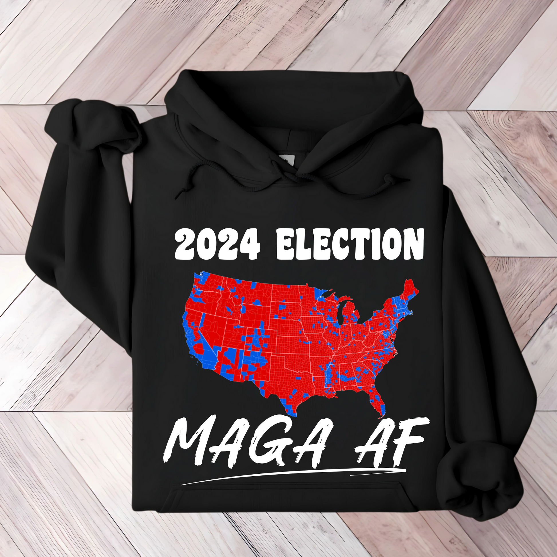 Black Folded patriotic hoodie featuring red and blue American map with bold text