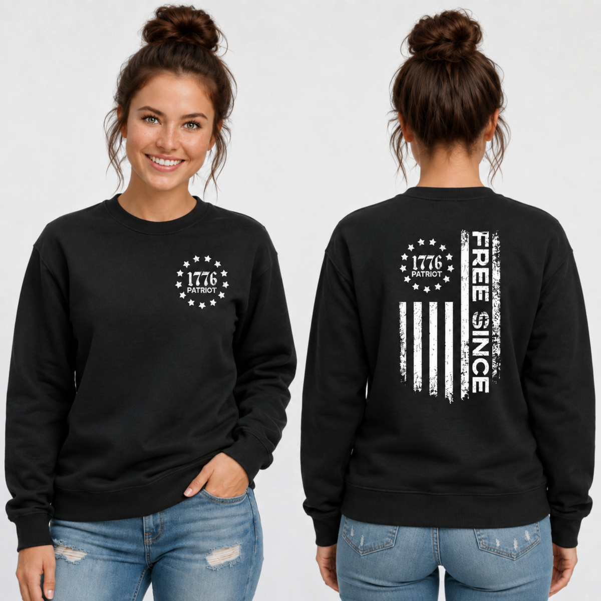 Front and back views of a black crewneck sweatshirt with a white 1776 Patriot chest emblem and distressed Free Since flag graphic
