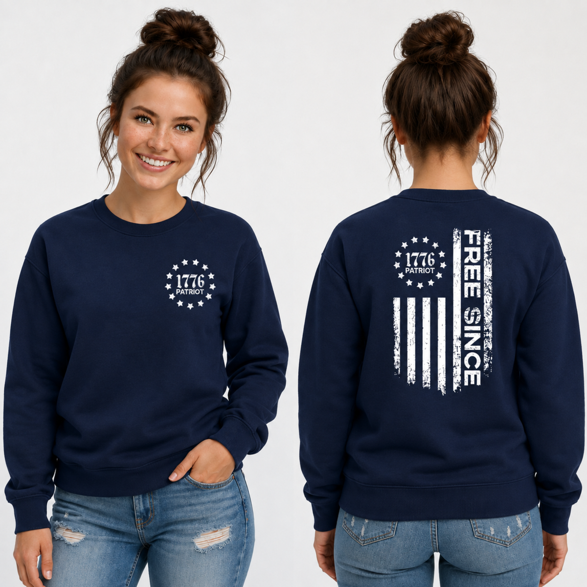 Front and back views of a navy crewneck sweatshirt with a white 1776 Patriot chest emblem and distressed Free Since flag graphic
