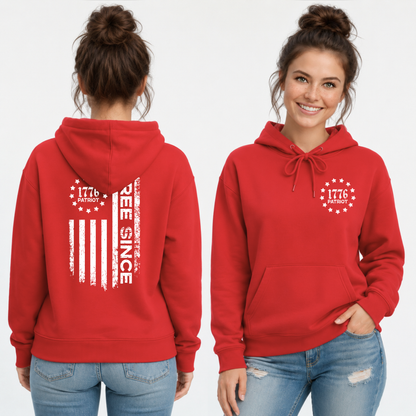Front and back views of a red pullover hoodie with a white 1776 Patriot chest emblem and distressed Free Since flag graphic