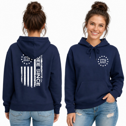 Front and back views of a navy pullover hoodie with a white 1776 Patriot chest emblem and distressed Free Since flag graphic