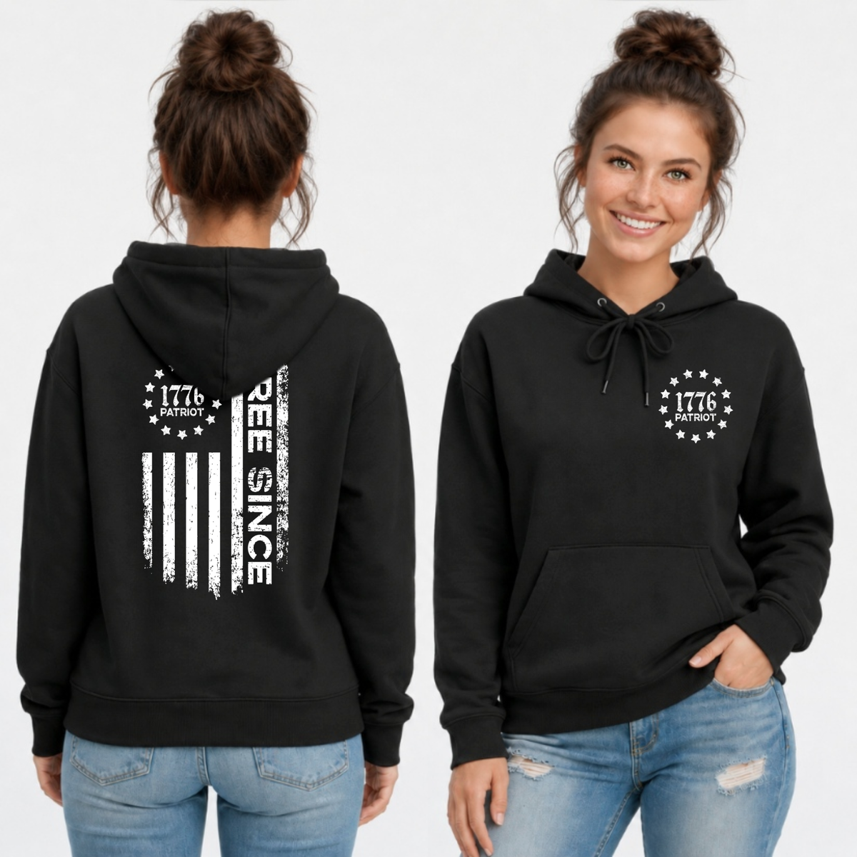 Front and back views of a black pullover hoodie with a white 1776 Patriot chest emblem and distressed Free Since flag graphic