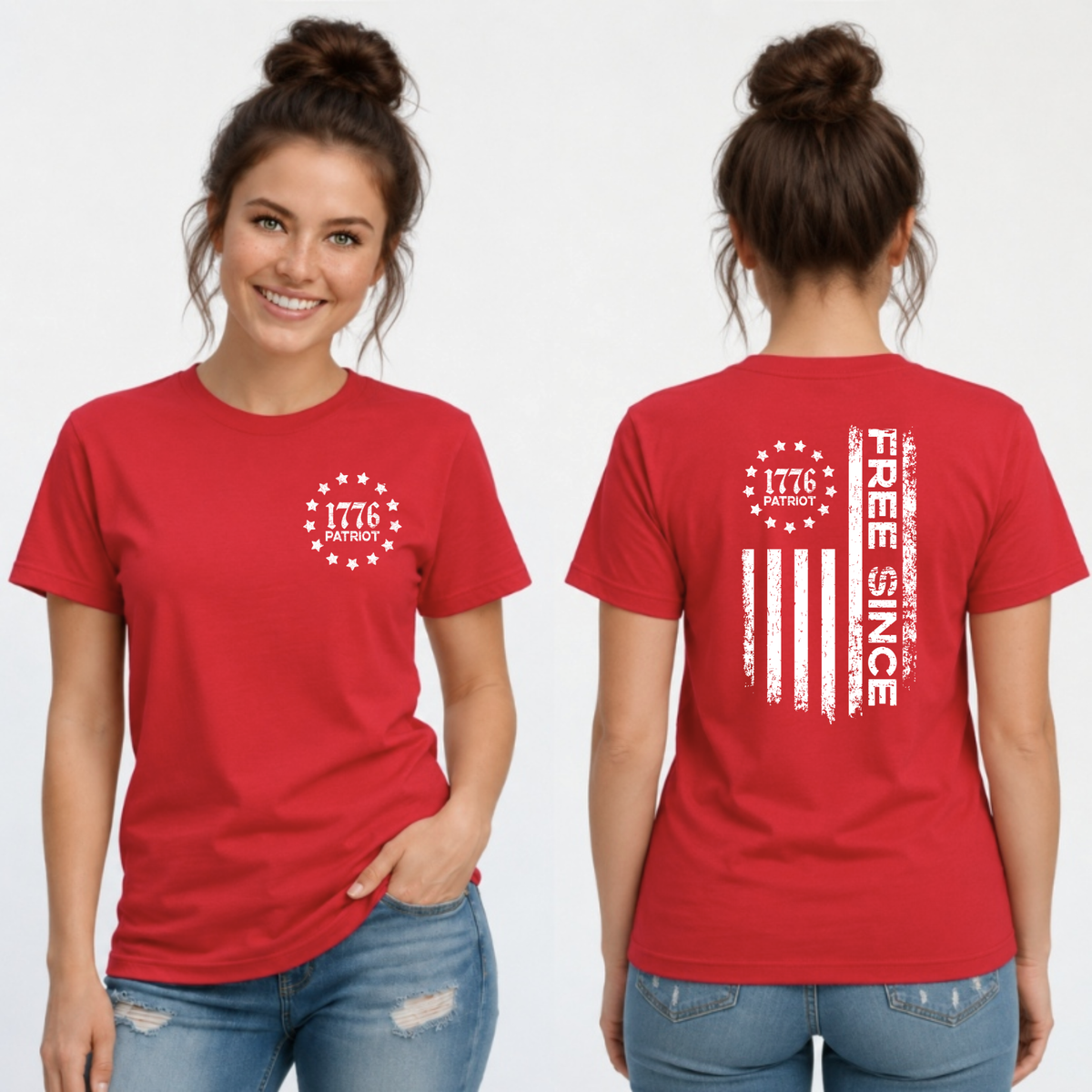 Front and back views of a red T-shirt with a white 1776 Patriot chest emblem and distressed Free Since flag graphic