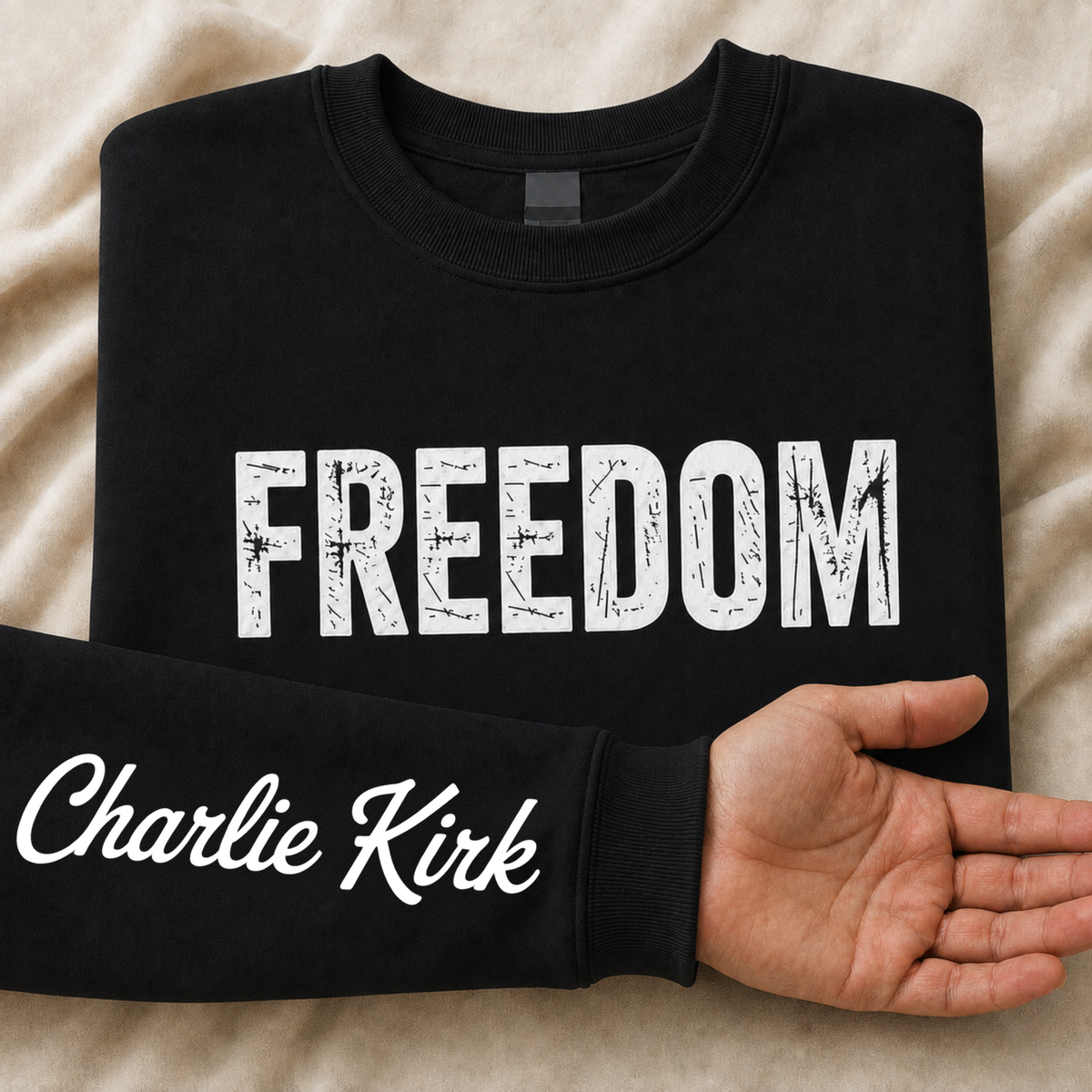 Black FREEDOM crewneck sweatshirt flat lay with Charlie Kirk signature printed on the inside sleeve.