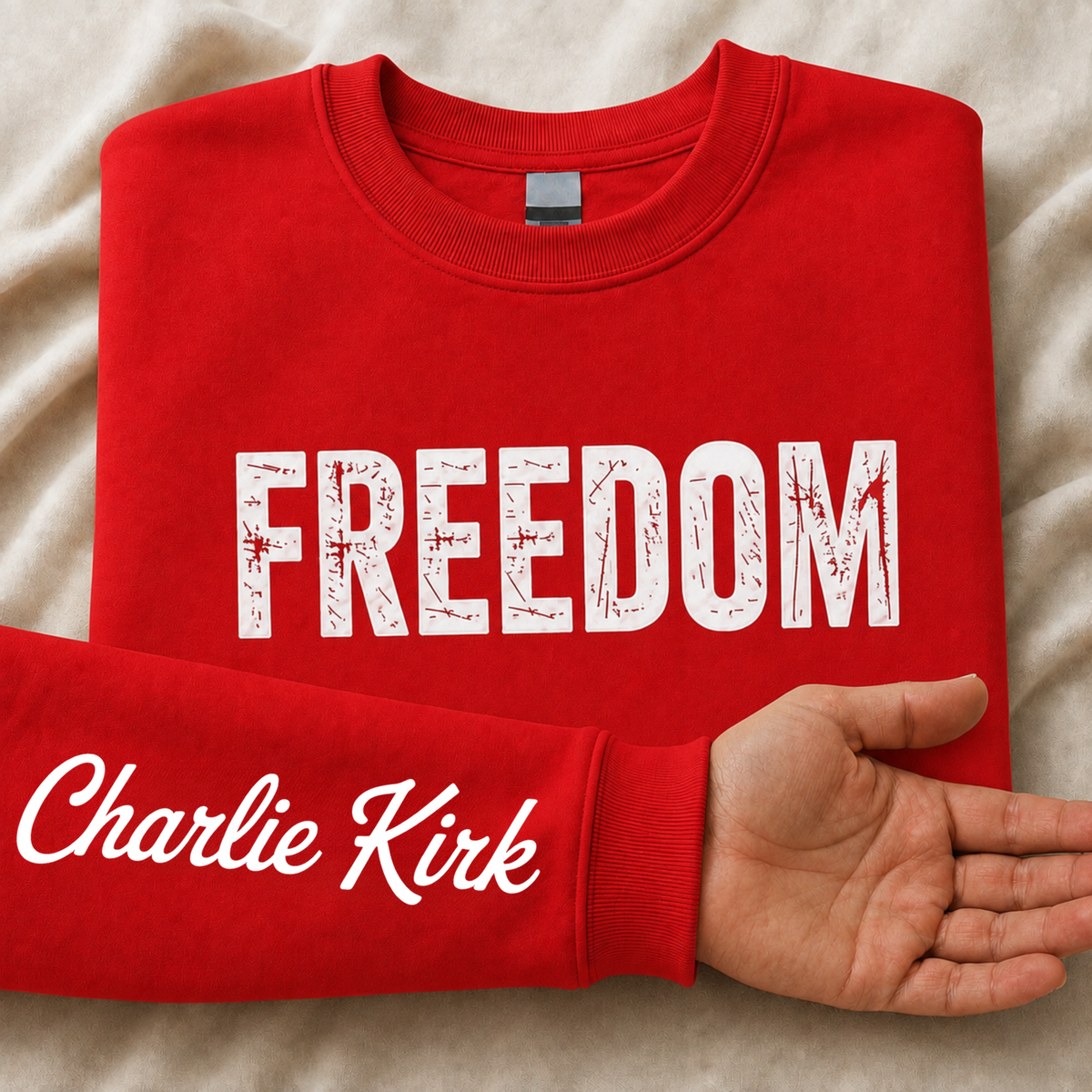 Red FREEDOM crewneck sweatshirt flat lay with Charlie Kirk signature printed on the inside sleeve.