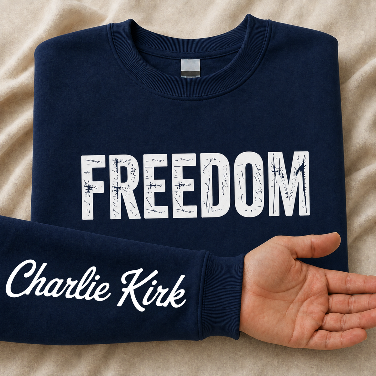Navy FREEDOM crewneck sweatshirt flat lay with Charlie Kirk signature printed on the inside sleeve.