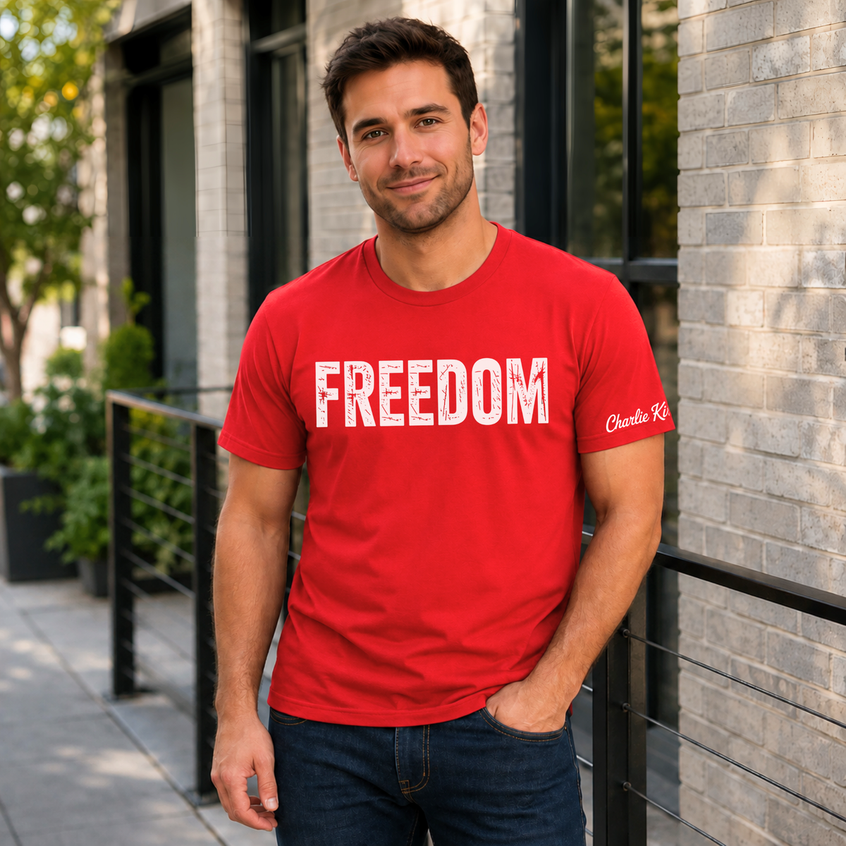 Man wearing a red FREEDOM T-shirt with Charlie Kirk signature printed on the inside sleeve.
