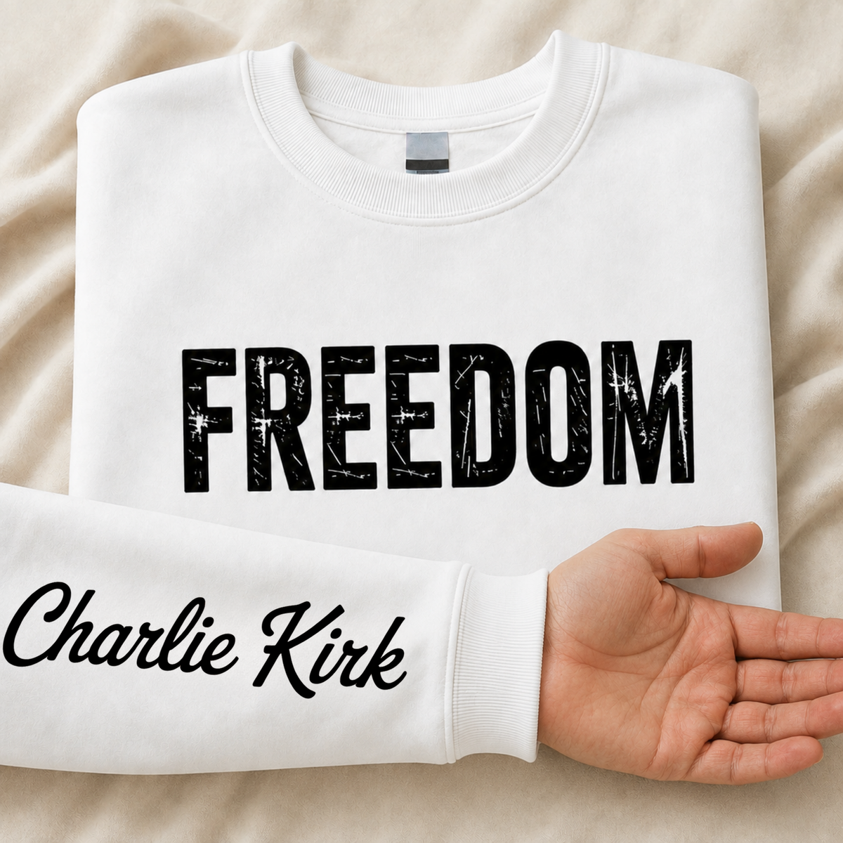 White FREEDOM crewneck sweatshirt flat lay with Charlie Kirk signature printed on the inside sleeve.
