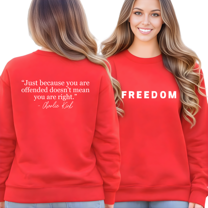 Woman wearing a Red patriotic sweatshirt showing “FREEDOM” on the front and motivational quote on the back