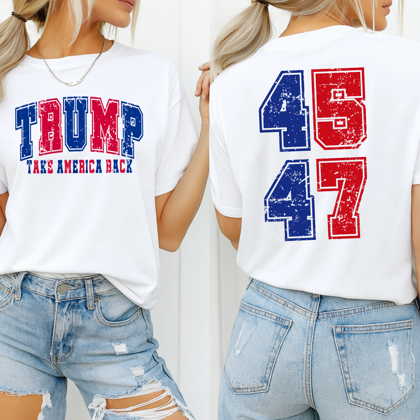 Two people wearing white t-shirts with political-themed graphics.