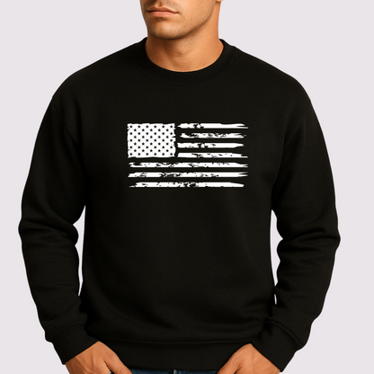 Black sweatshirt with a white American flag design on a plain background