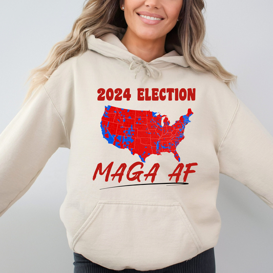 Front view of sand colored hoodie with bold USA map graphic in red and blue design