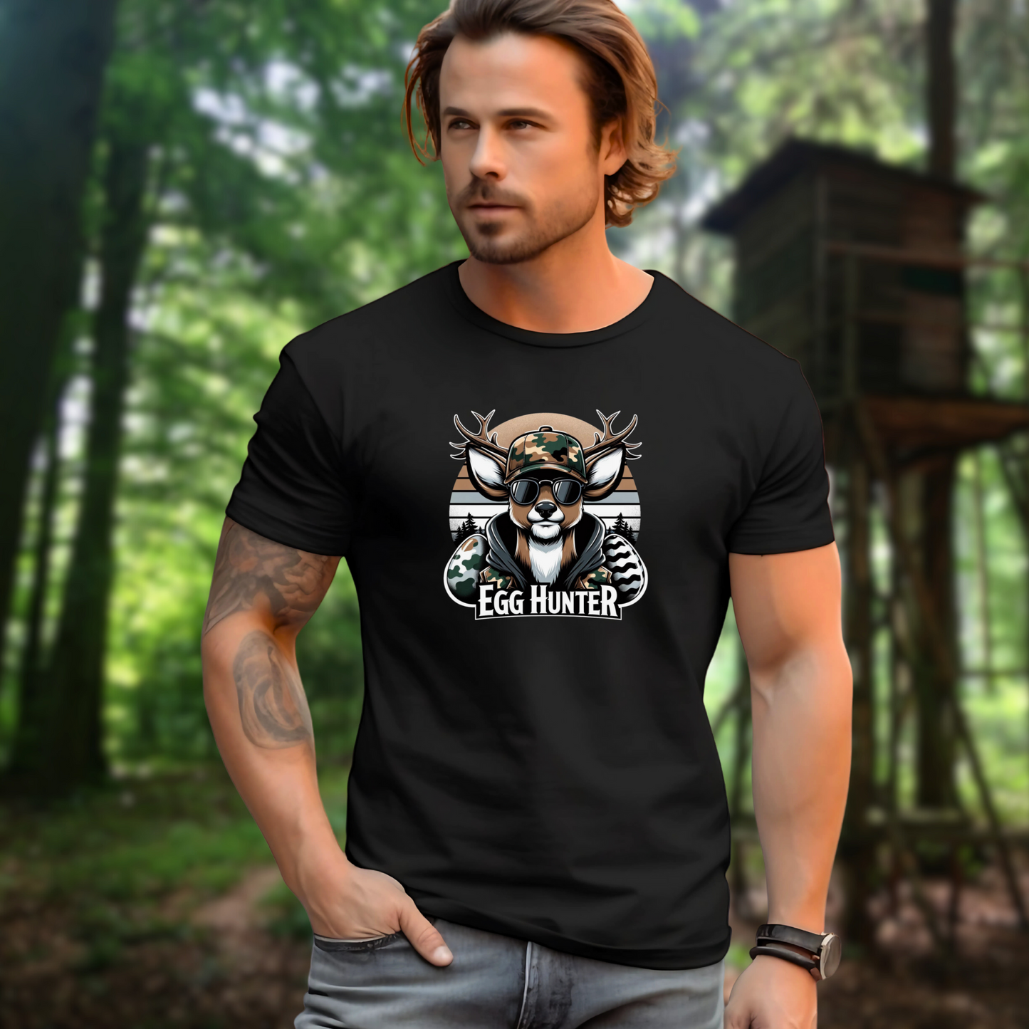 Black Egg-Hunter-Shirt with a cool camo deer and Easter egg graphic, perfect for hunters and Easter lovers alike.