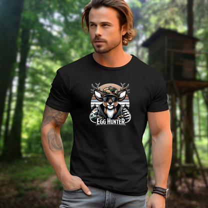 Black Egg-Hunter-Shirt with a cool camo deer and Easter egg graphic, perfect for hunters and Easter lovers alike.