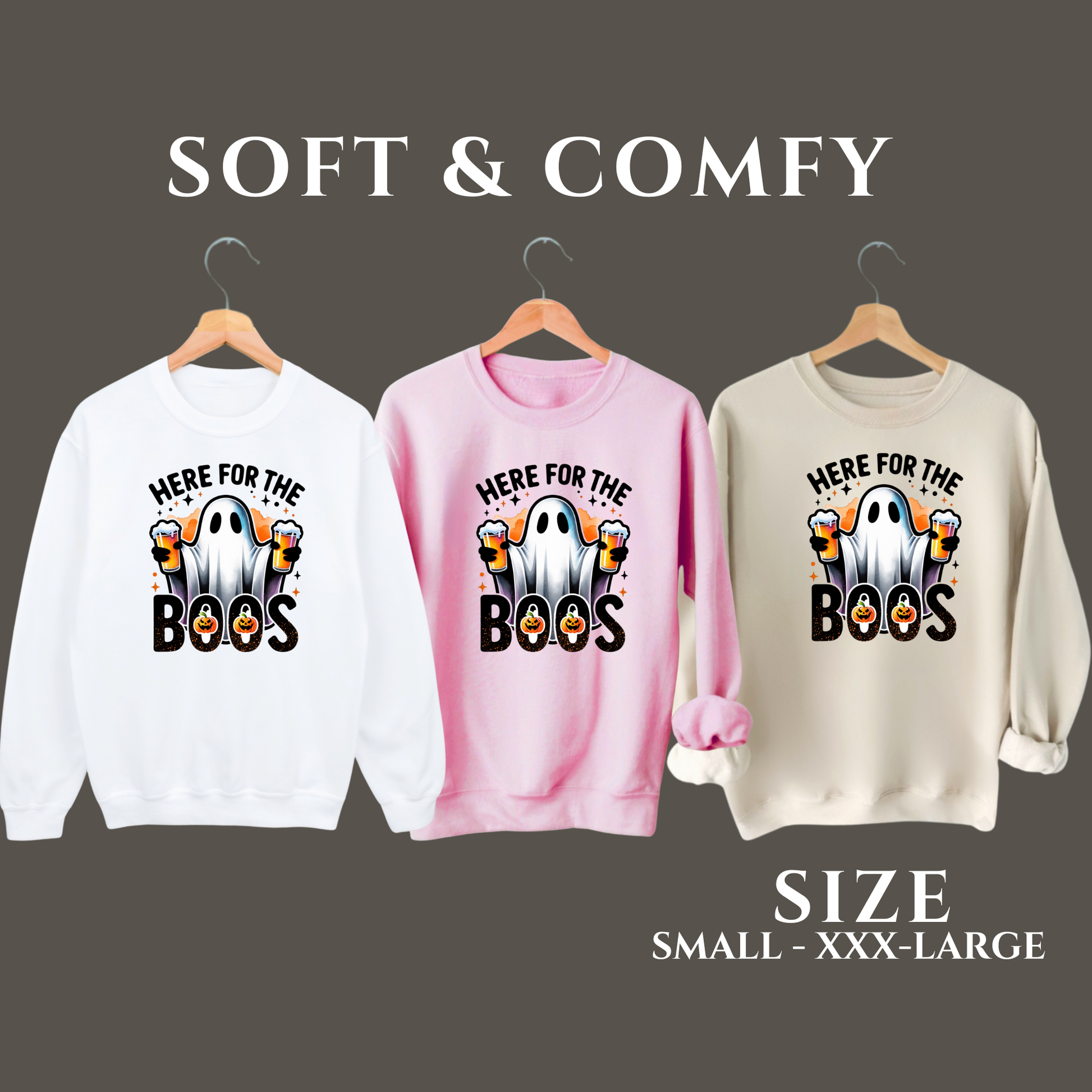 Funny Halloween ghost sweater hanging on hanger
