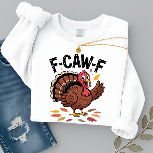 White crewneck sweatshirt with turkey and fall leaf design for Thanksgiving