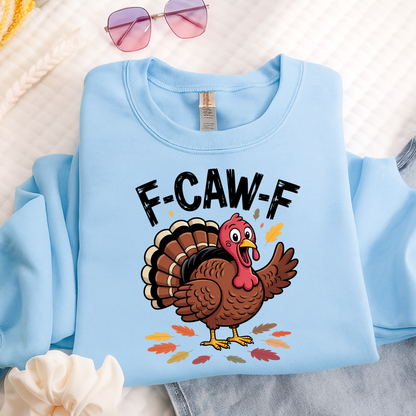 Light blue sweatshirt with funny cartoon turkey design