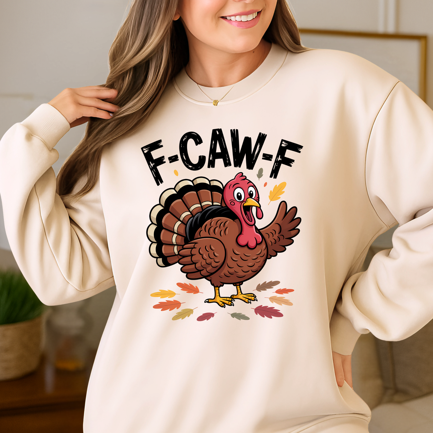 Beige fall sweatshirt with cartoon turkey design for Thanksgiving outfit