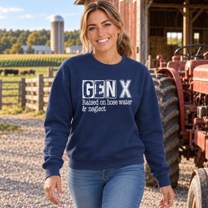 Woman wearing a navy GEN X Raised on hose water & neglect sweatshirt near a farm tractor.