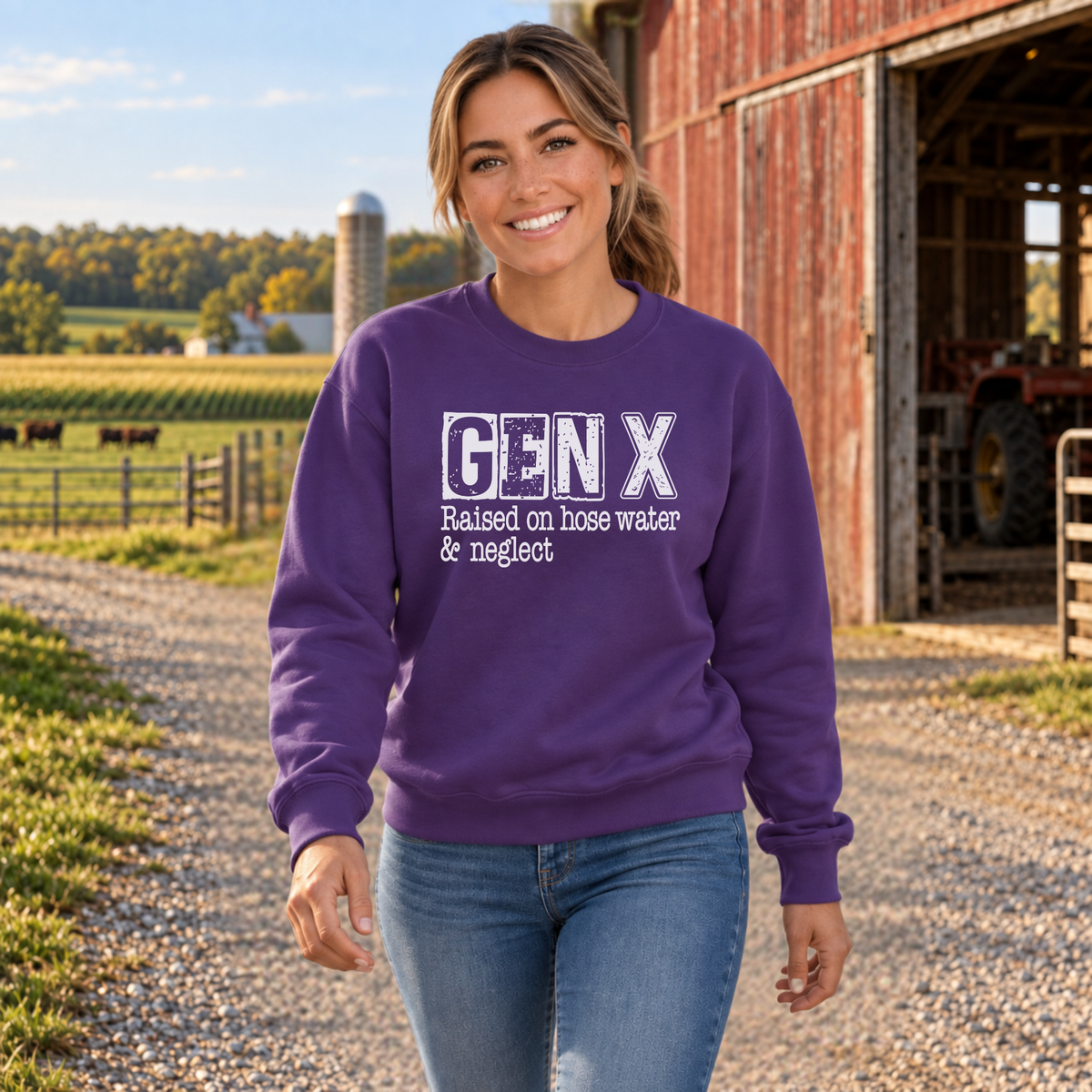 Woman wearing a purple GEN X Raised on hose water & neglect sweatshirt outside a red barn.