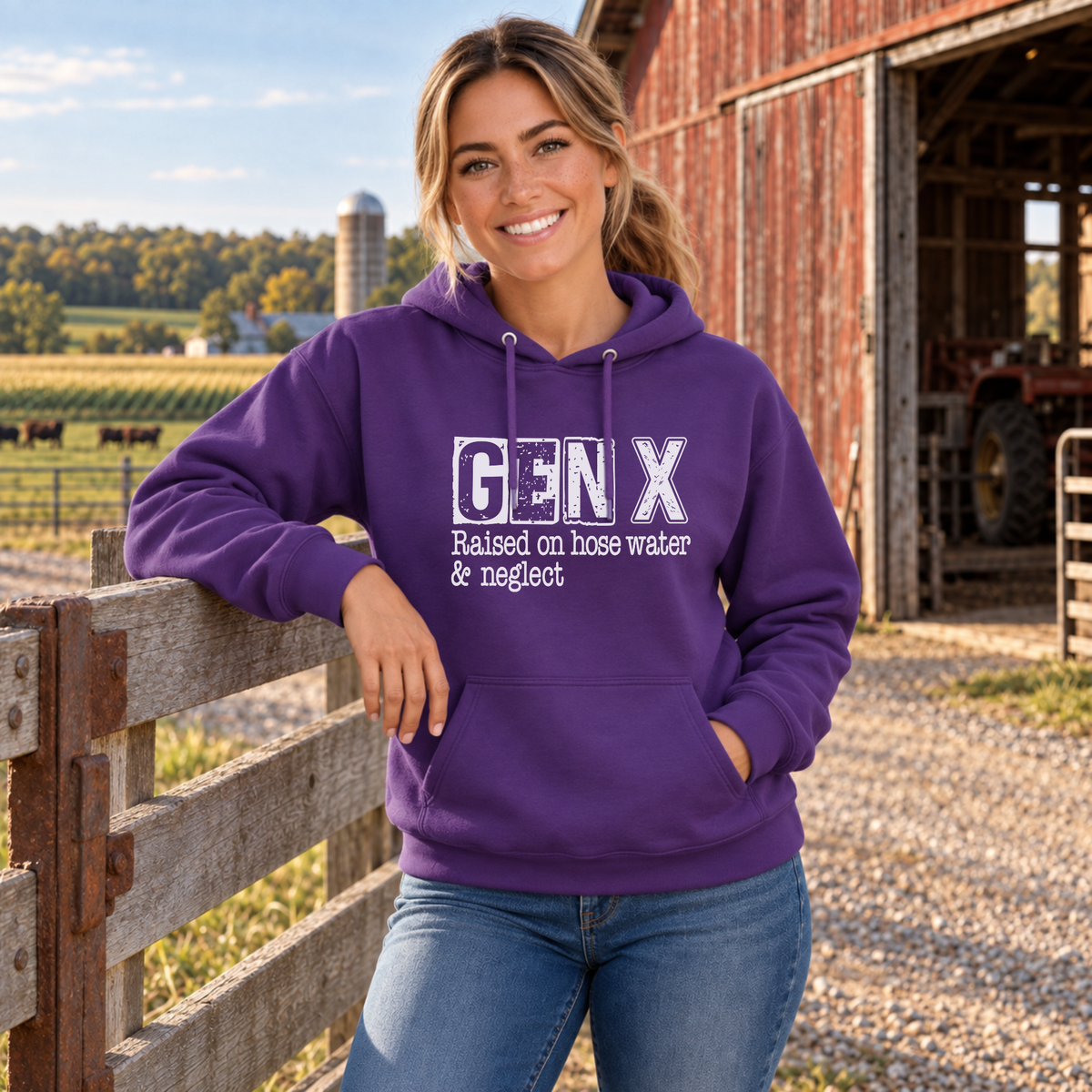 Woman in a purple GEN X Raised on hose water & neglect hoodie by a red barn and farm fence.