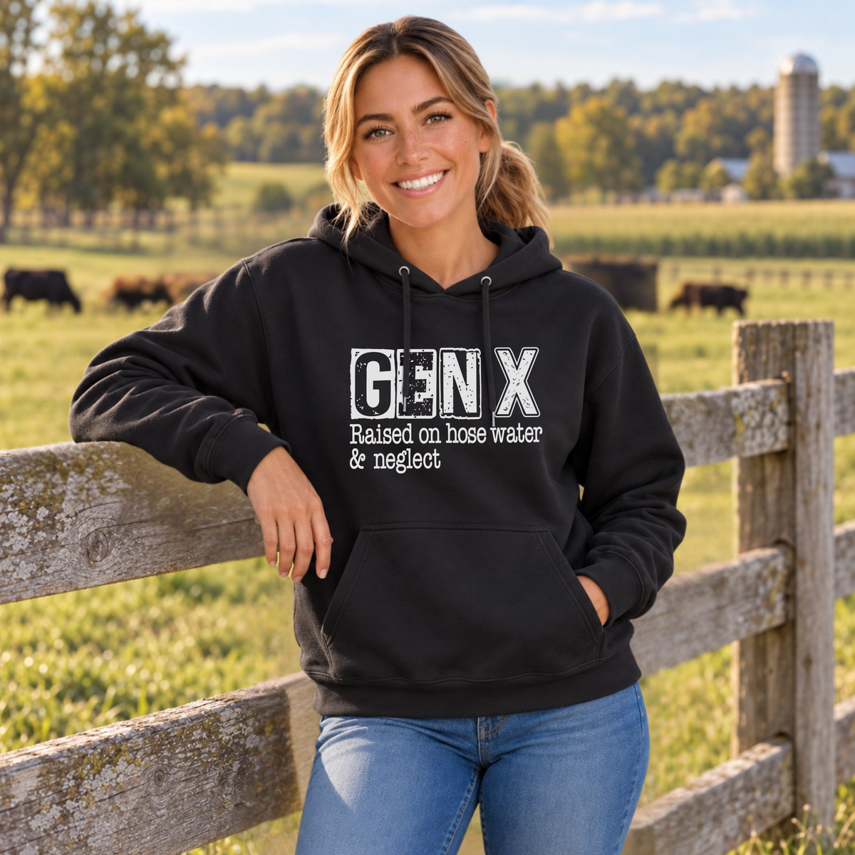 Woman wearing a black GEN X Raised on hose water & neglect hoodie beside a pasture fence.